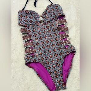 Patterned One-Piece Swimsuit in Teal & Magenta sze 8